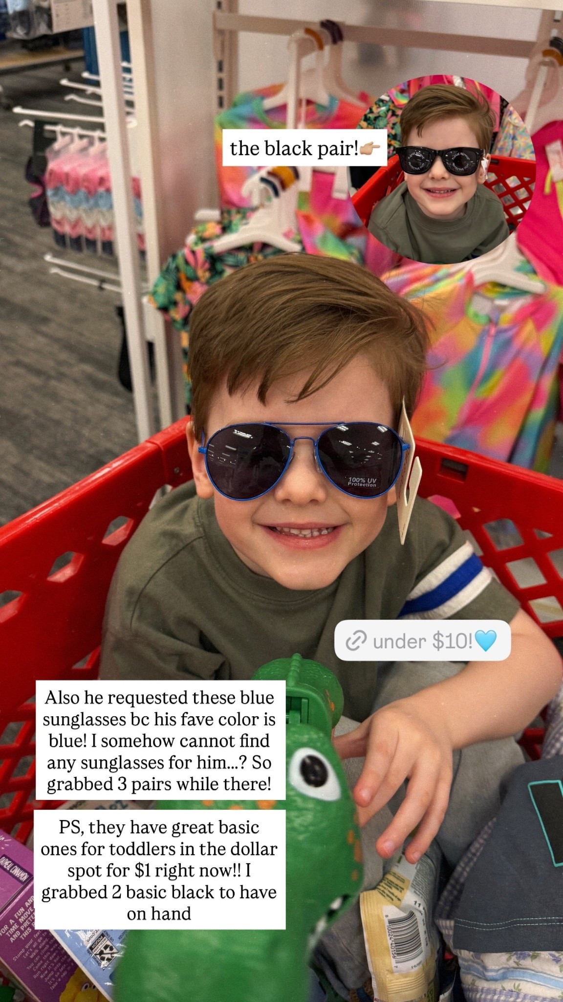 Also he requested these blue sunglasses bc his fave color is blue! I somehow cannot find any sunglasses for him…..? So grabbed 3 pairs while there! 

PS, they have great basic ones for toddlers in the dollar spot for $1 right now!! I grabbed 2 basic black to have on hand  the black pair!👉🏼
