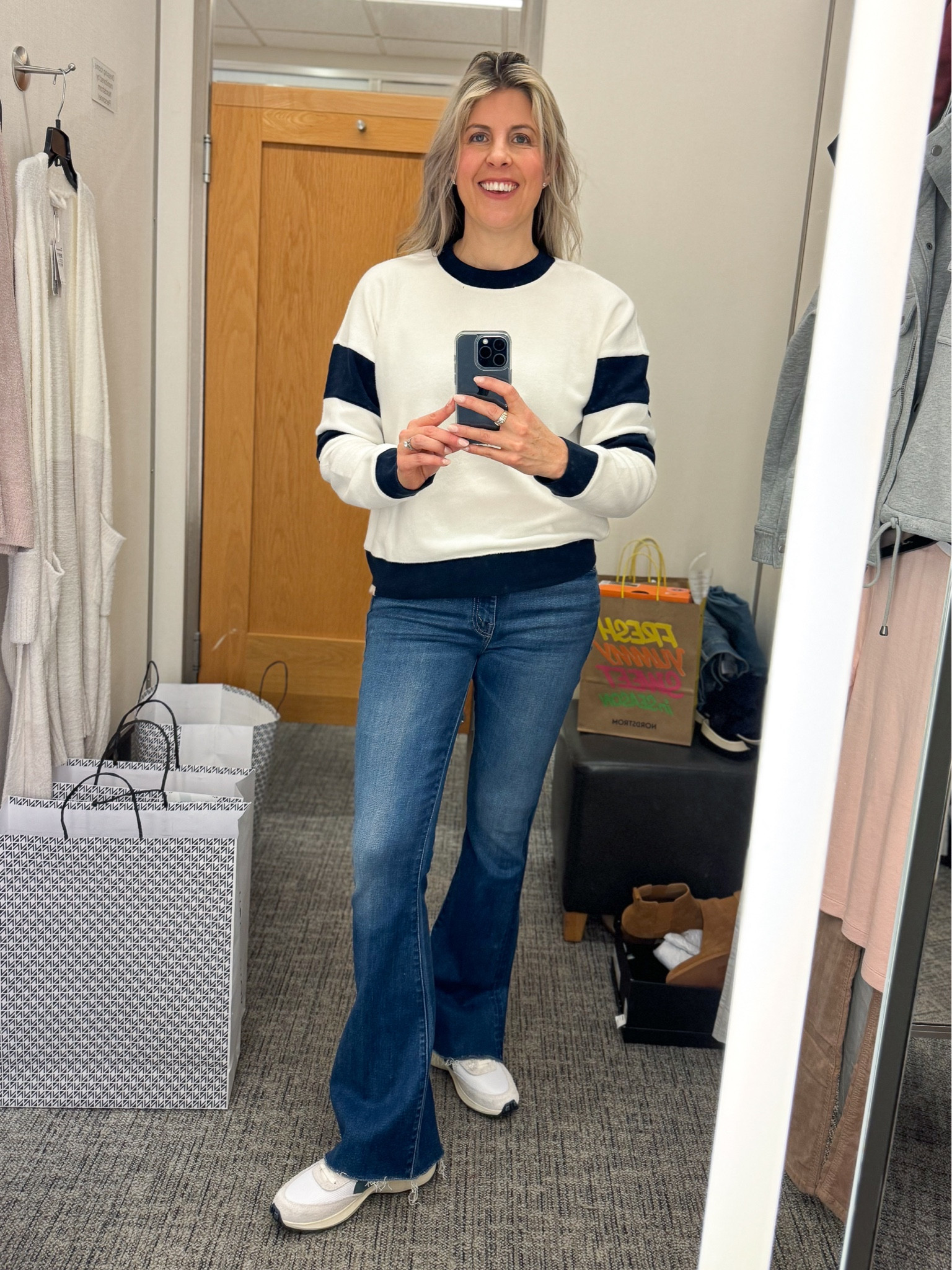 This Faherty sweatshirt is so soft! I’m in a small here but wound up buying the XS for slightly shorter sleeves. Either would have worked tho. These vintage Nikes were a surprise find today! Great price too  They went with a lot of my outfits. Faherty sweatshirt, Mother jeans, flare jeans, Nike vintage sneakers 

#LTKfindsunder100 #LTKSeasonal