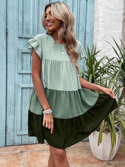 Color Block Flounce Sleeve Ruffle Hem Smock Dress | SHEIN