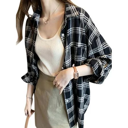 UKAP Women Long Sleeve Plaid Flannel Shirt Button Down Boyfriend Casual Tops with Pockets | Walmart (US)