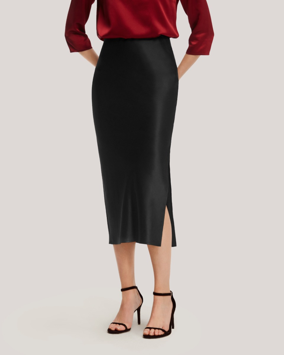 Flattering Side Slit Silk Midi Skirt | LilySilk
