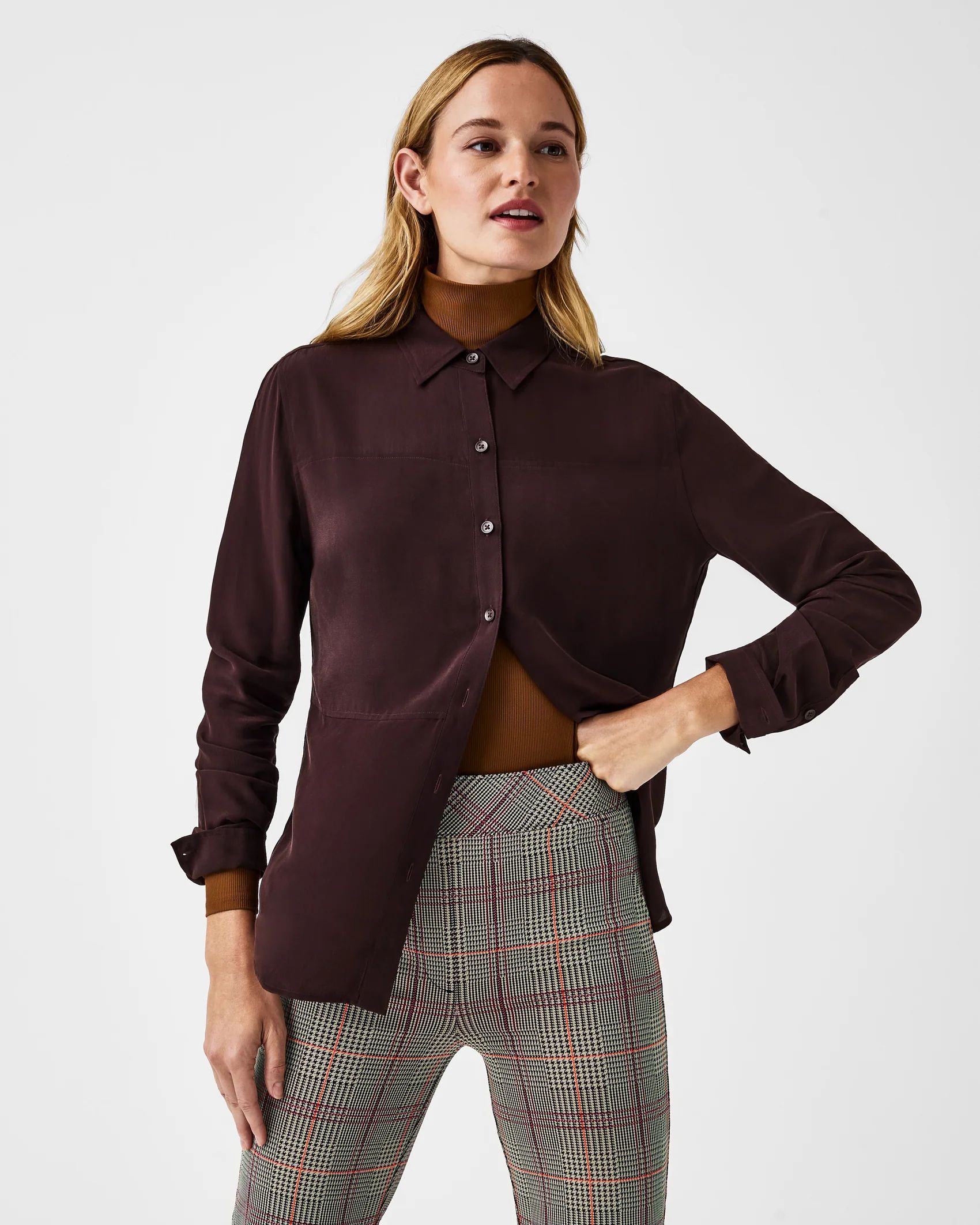 Low-Maintenance Silk Button-Down Shirt | Spanx