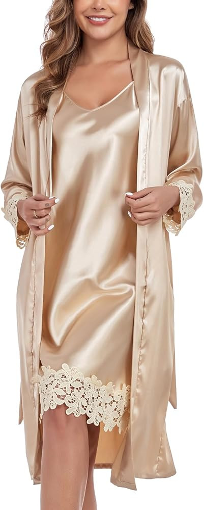 BestWendding Women's Silk Robe Set 2 Pieces Pajamas Sets Sexy Soft Satin Robe with V Neck Camisol... | Amazon (US)