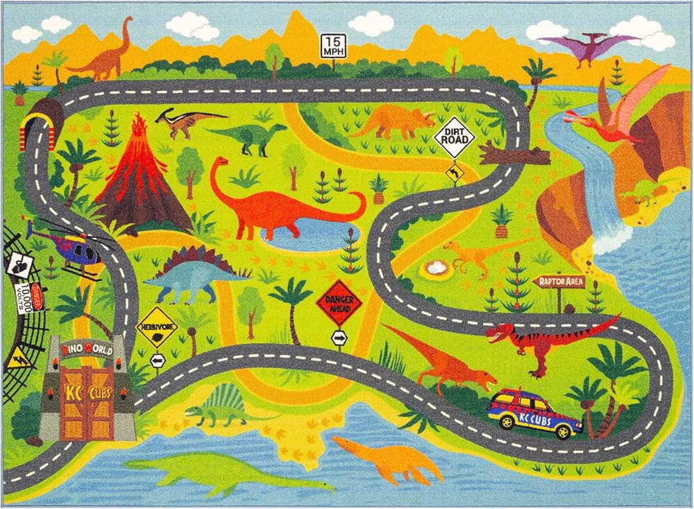 KC Cubs Playtime Collection Dinosaur Dino Safari Road Map Educational Learning & Game Area Rug Ca... | Amazon (US)