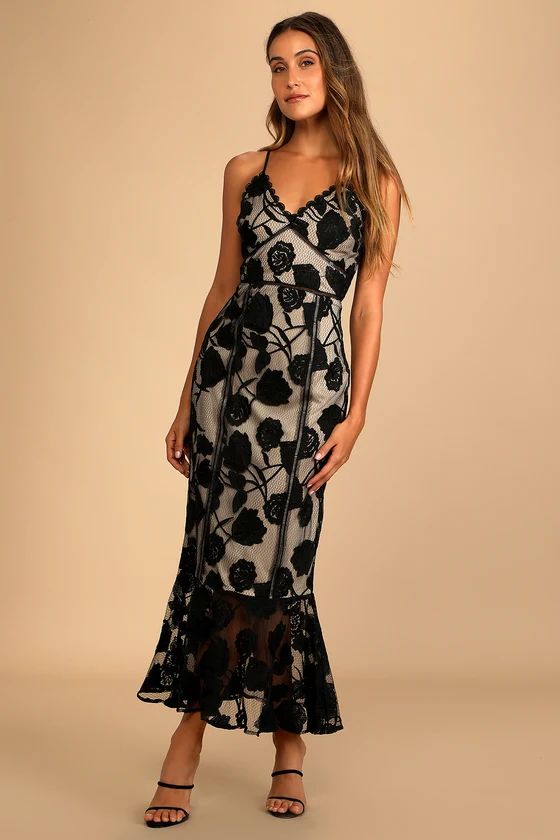 Alluring Dream Black Floral Mesh Lace Trumpet Midi Dress | Lulus (US)