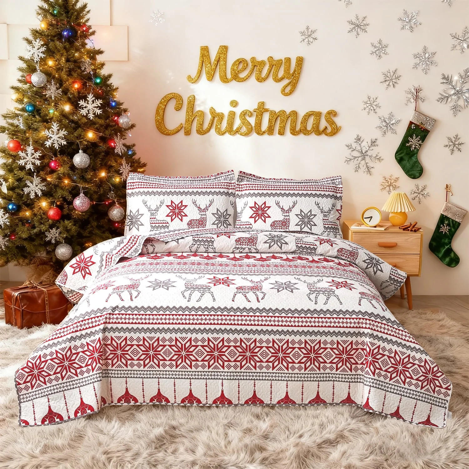 Jessy Home Christmas Quilt Set Queen/Full Size Rustic Holiday Bedding Set Reindeer Red Flower Cab... | Walmart (US)