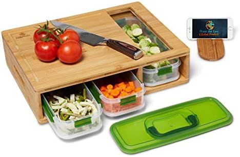 Bamboo Cutting Board with Drawers, 3 Food Storage with Air-Tight Lid Fully Stackable, Large Chopp... | Amazon (US)