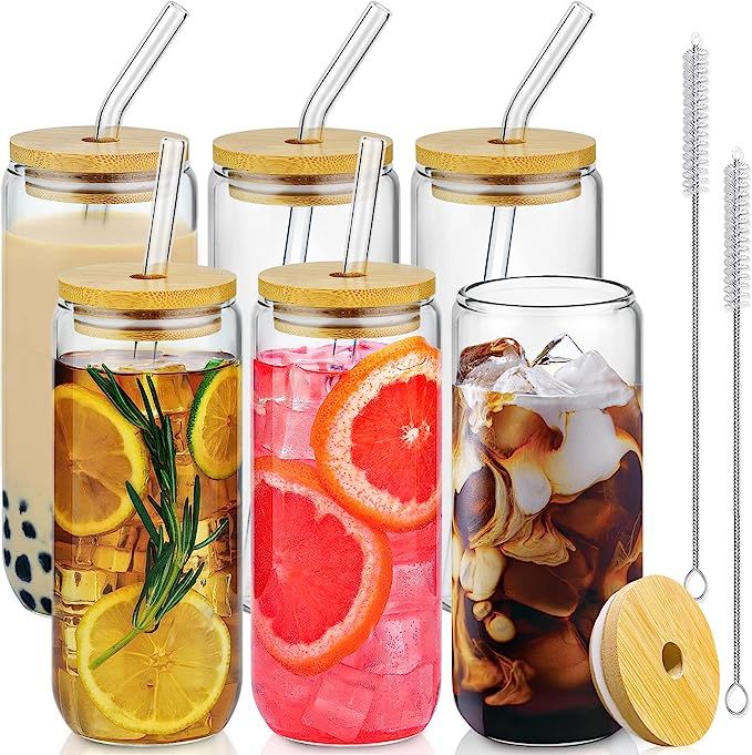 20 Oz Drinking Glasses with Bamboo Lids and Glass Straw - 6 Pcs Can Shaped Glass Cups Beer & Ice ... | Amazon (US)