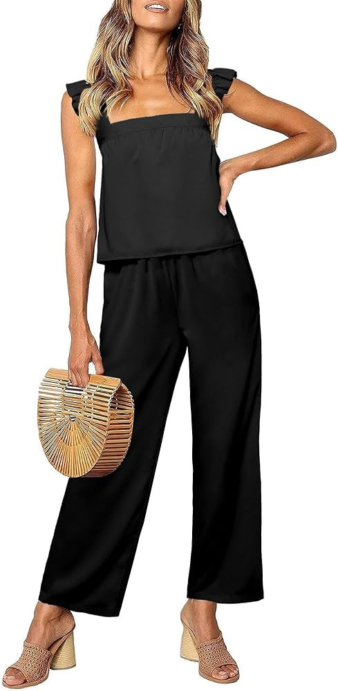 luvamia Two Piece Outfits for Women Flowy Square Neck Top High Waisted Wide Leg Pants with Pocket... | Amazon (US)
