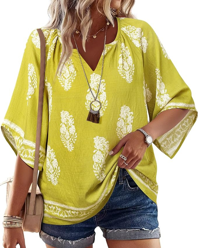 Bebonnie Womens 3/4 Sleeve V Neck Bohemian Peasant Blouses Casual Loose Fit Tunic Tops | Amazon (US)