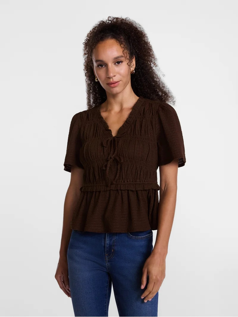Scenario Women's and Women's Plus Textured Tie Front Top, Sizes XS-4X | Walmart (US)
