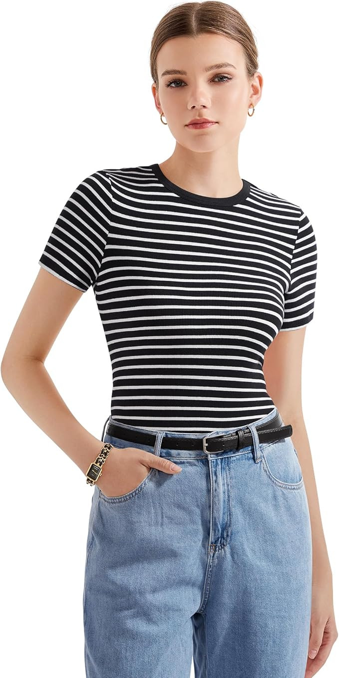 SUUKSESS Women Ribbed Striped Short Sleeve Slim Fit Tops Summer Crew Neck Color Block Going Out T... | Amazon (US)