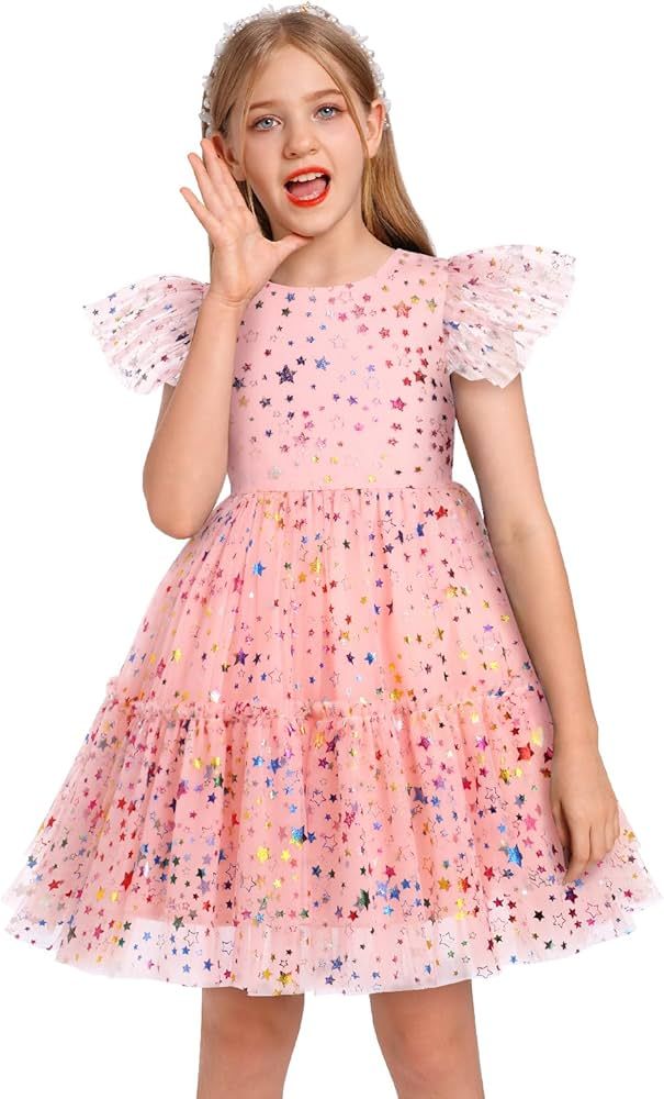 Girls Sequin Tulle Dress Rainbow Star Ruffle Sparkle Toddler Girl Kids Party Bridesmaid Wedding G... | Amazon (US)