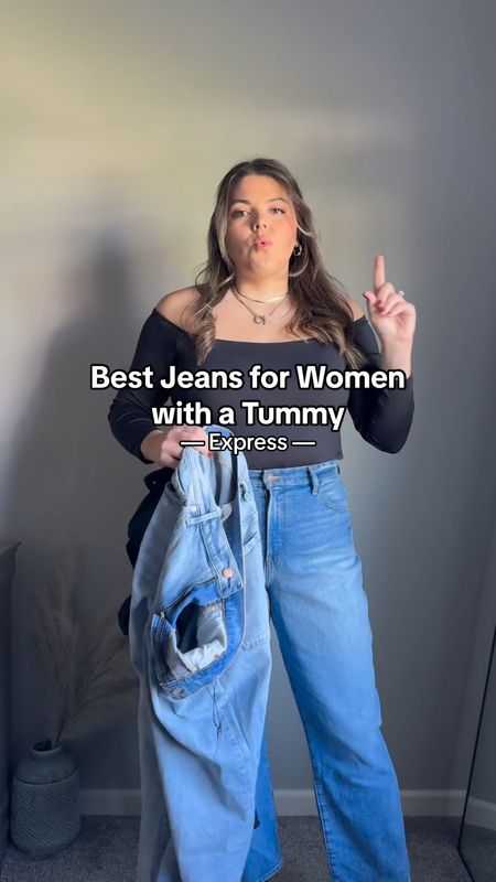 Finding the best jeans for my girls with tummies 🫡 this time we’re trying Express 🫶🏼 #midsize #midsizejeans #jeanshaul best midsize jeans, best curvy ieans, best straight jeans, best jeans for women with tummy, wide leg jeans. High rise jeans 

#LTKstyletip #LTKmidsize #LTKVideo