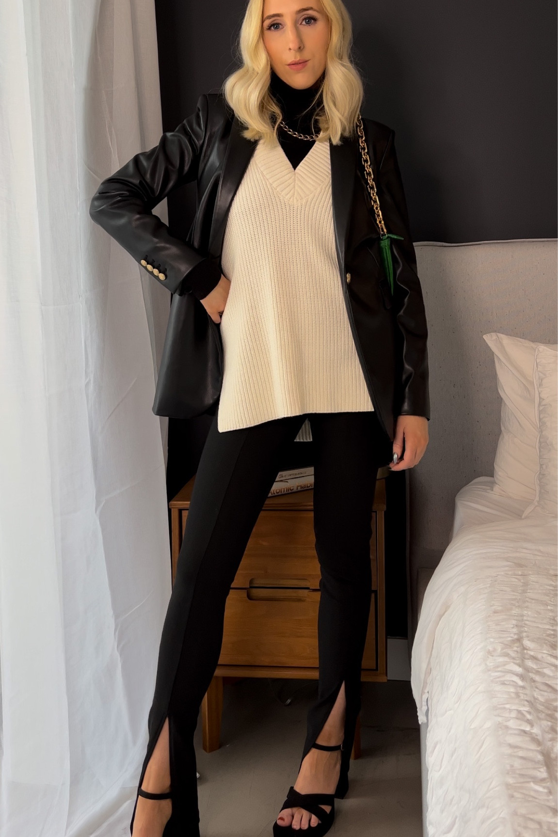 Leather blazer, split hem pants, sweater vest, platform heels 

#LTKunder100 #LTKunder50