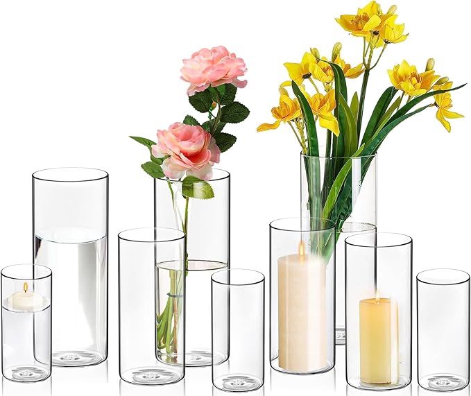 9 Pack Cylinder Vases- for Centerpieces, 6,8,10 Inch Clear Glass Cylinder Candle Holder- for Weed... | Amazon (US)