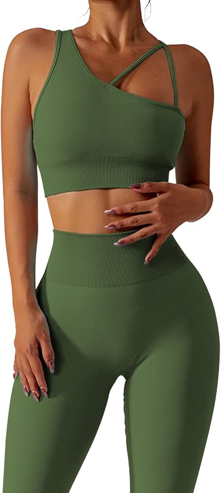 QINSEN Workout Sets for Women Seamless Sports Crop Tops High Waisted Leggings Two Piece Outfits | Amazon (US)