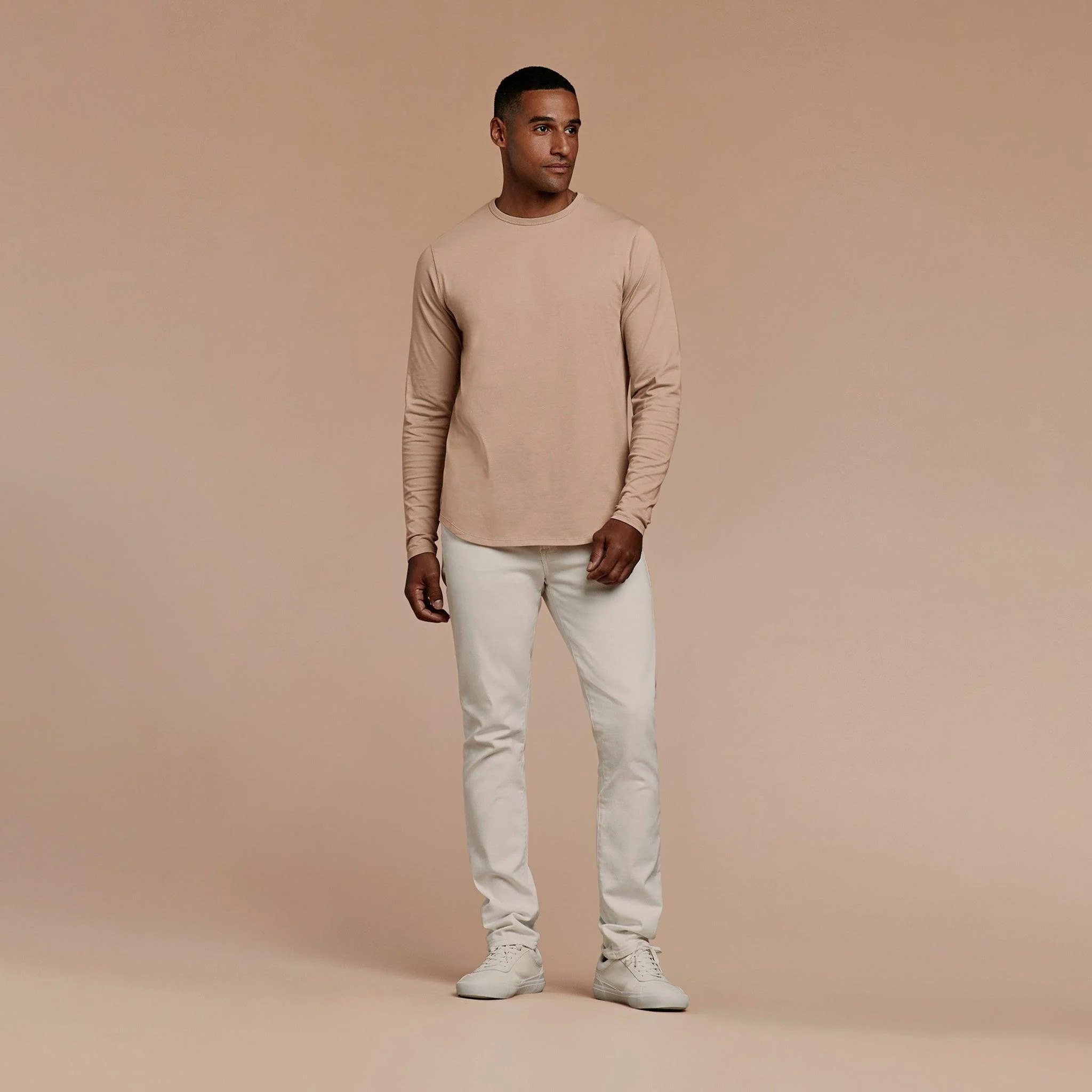 Long Sleeve Curved Hem T-Shirt | Sand | Nuuds US