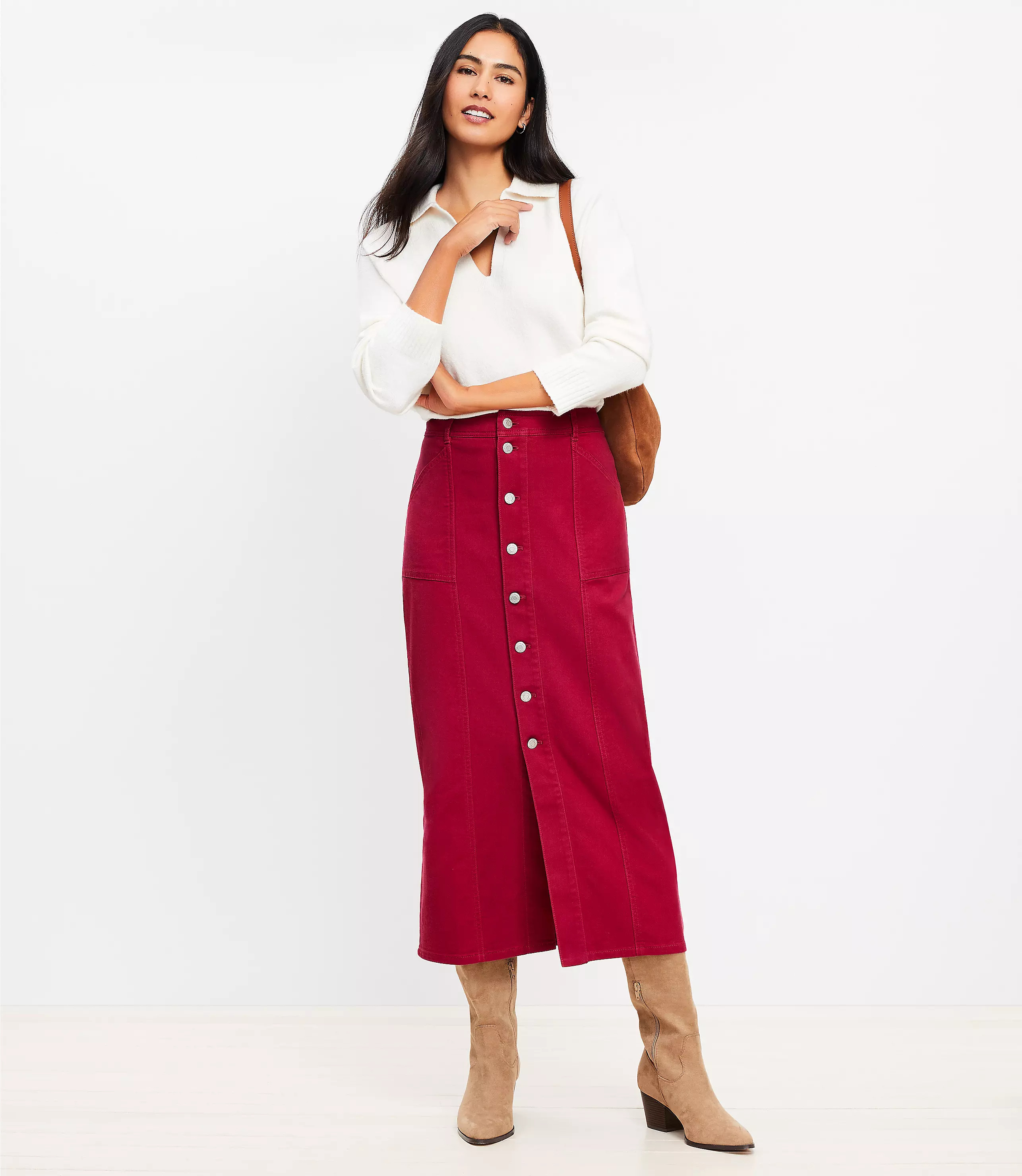 Twill Button Pocket Midi Skirt | LOFT