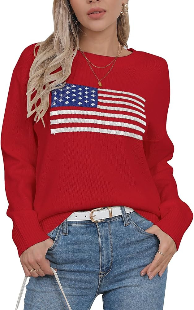 Womens American Flag Sweater Long Sleeve Crew Neck Knitted Casual Pullover Sweater | Amazon (US)
