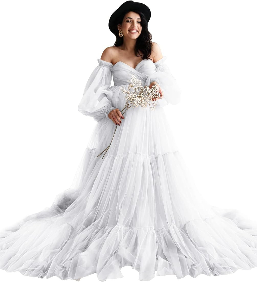 Fluffy Tulle Robe Sheer Maternity Dress for Photoshoot V Neck Bridal Lingerie Long Baby Shower Dr... | Amazon (US)