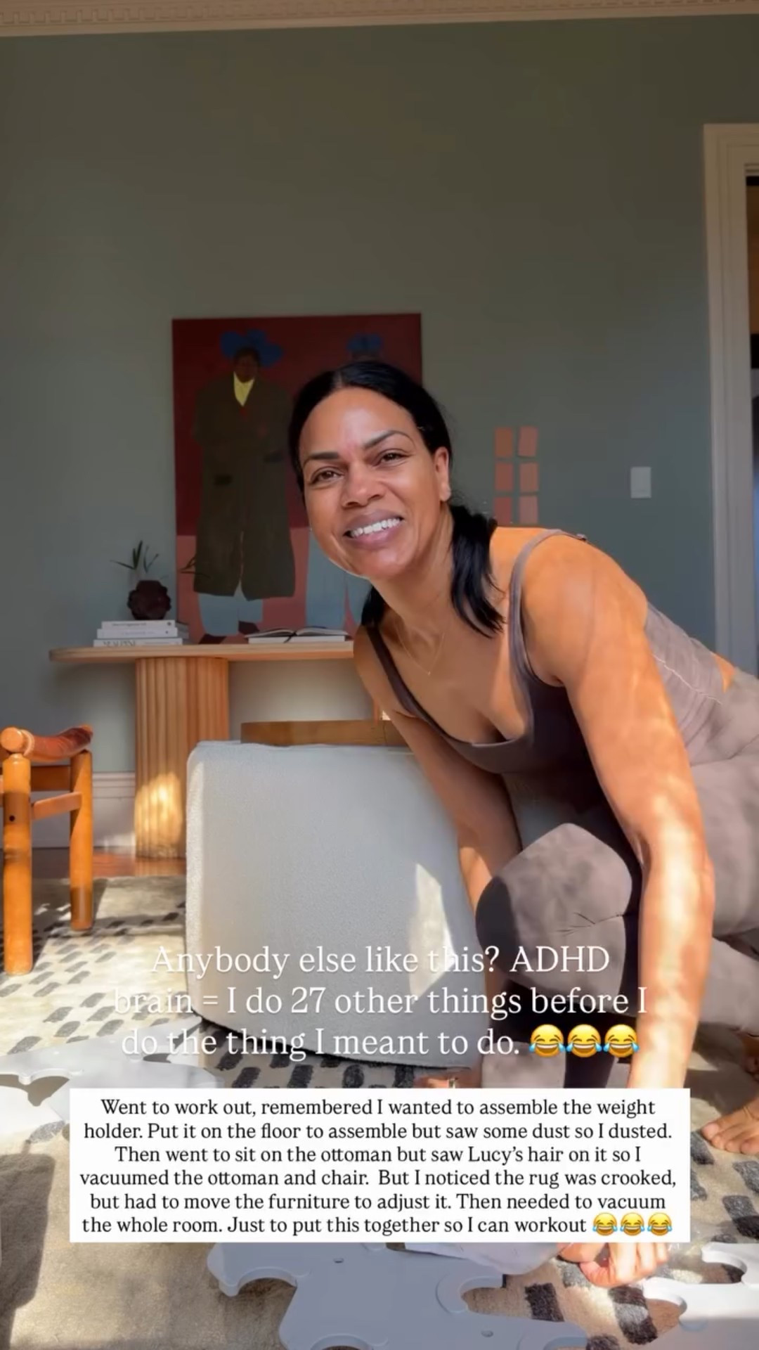 Anybody else like this? ADHD
brain = I do 27 other things before I
do the thing I meant to do. 😂😂😂)
Went to work out, remembered I wanted to assemble the weight holder. Put it on the floor to assemble but saw some dust so I dusted. 😂😂😂
Then went to sit on the ottoman but saw Lucy's hair on it so I vacuumed the ottoman and chair. But I noticed the rug was crooked, but had to move the furniture to adjust it. Then needed to vacuum the whole room. Just to put this together so I can workout



#LTKfitnessgoals #LTKActive #LTKvlog
