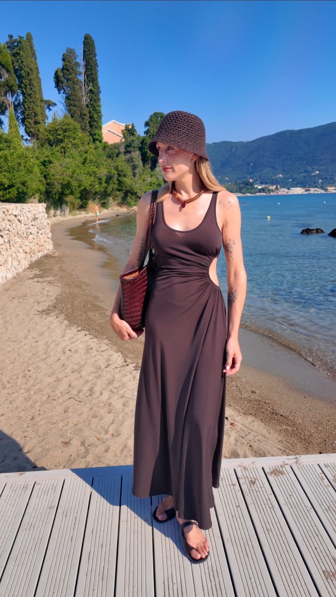 Summer dress - holiday outfit - brown dresses - crochet hat - woven bag - Massimo dutti - H&M - heart resin necklace 

#LTKsummer #LTKuk #LTKdresses