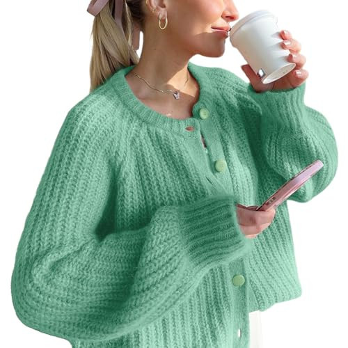 VDWIP Women's Cardigan Sweaters Button Down Open Front Chunky Cardigan Long Sleeve Cropped Y2k Knit Outerwear(Green-S) | Amazon (US)