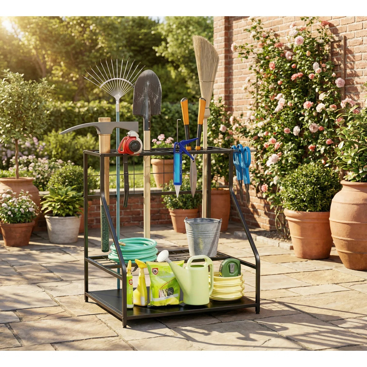 Garden Tool Organizer,3-Tier Yard Tool Storage Rack,with Hooks for Long-Handled,Broom,Shovel | Wayfair North America