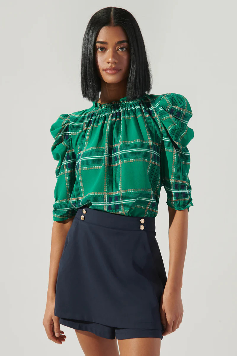 Woodland Jade Plaid Drape Sleeve Top | Sugarlips