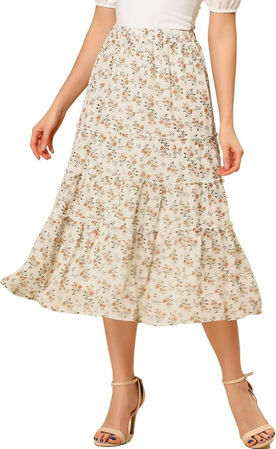 Allegra K Women's Floral Skirt Chiffon A-line Long Tiered Ruffle Boho Summer Midi Skirts | Amazon (US)