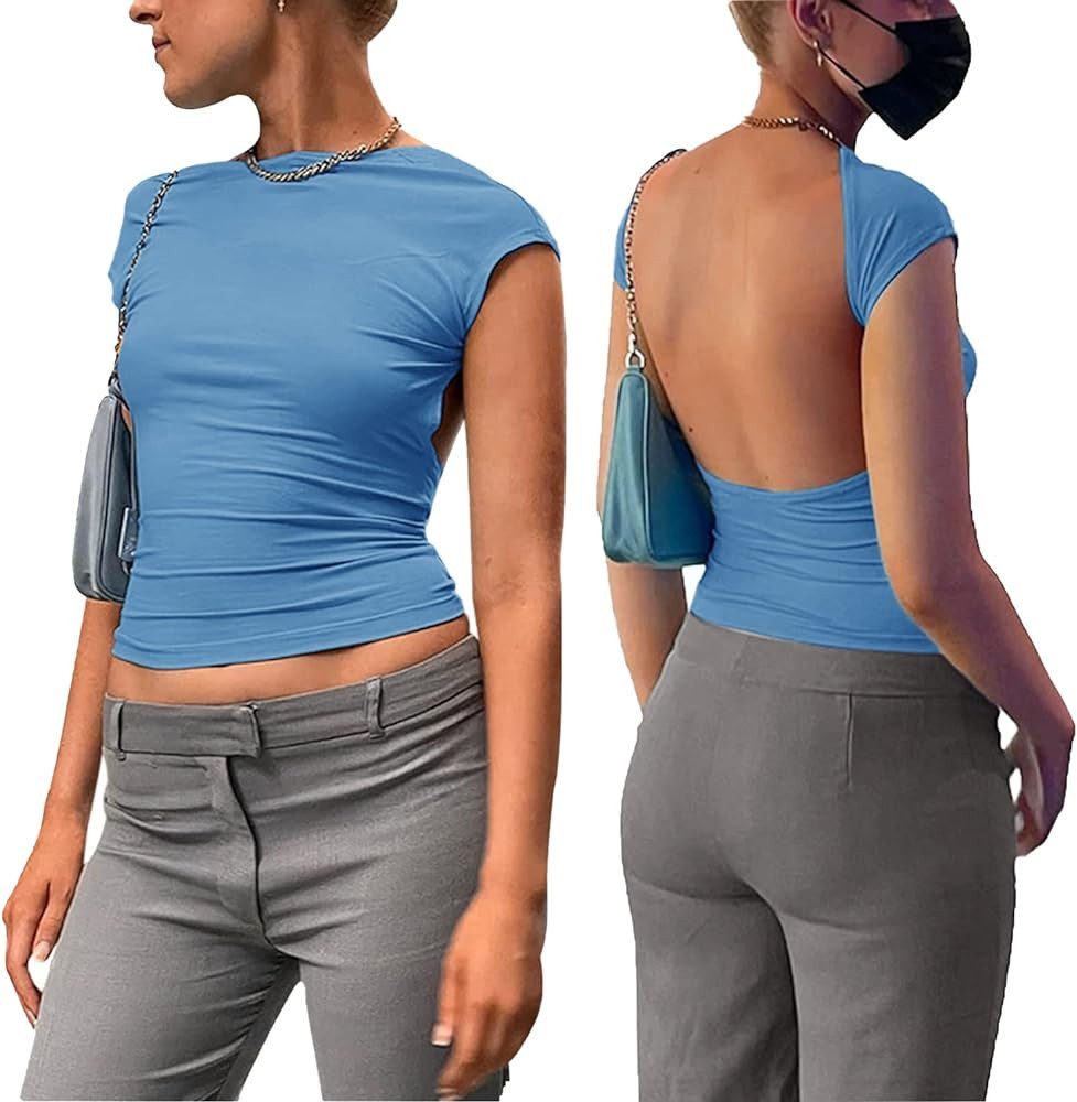ForeFair Women Sexy Backless Short Sleeve Slim Fit Crewneck Summer Casual Y2K Crop Tee | Amazon (US)