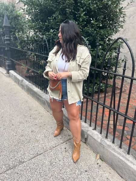Nashville outfit inspo
Date night outfit
Country concert outfit
Denim ripped shorts
Brown cowboy boots
Tan cowboy boots
Green jacket
White bodysuit 

#LTKstyletip #LTKcurves #LTKfit