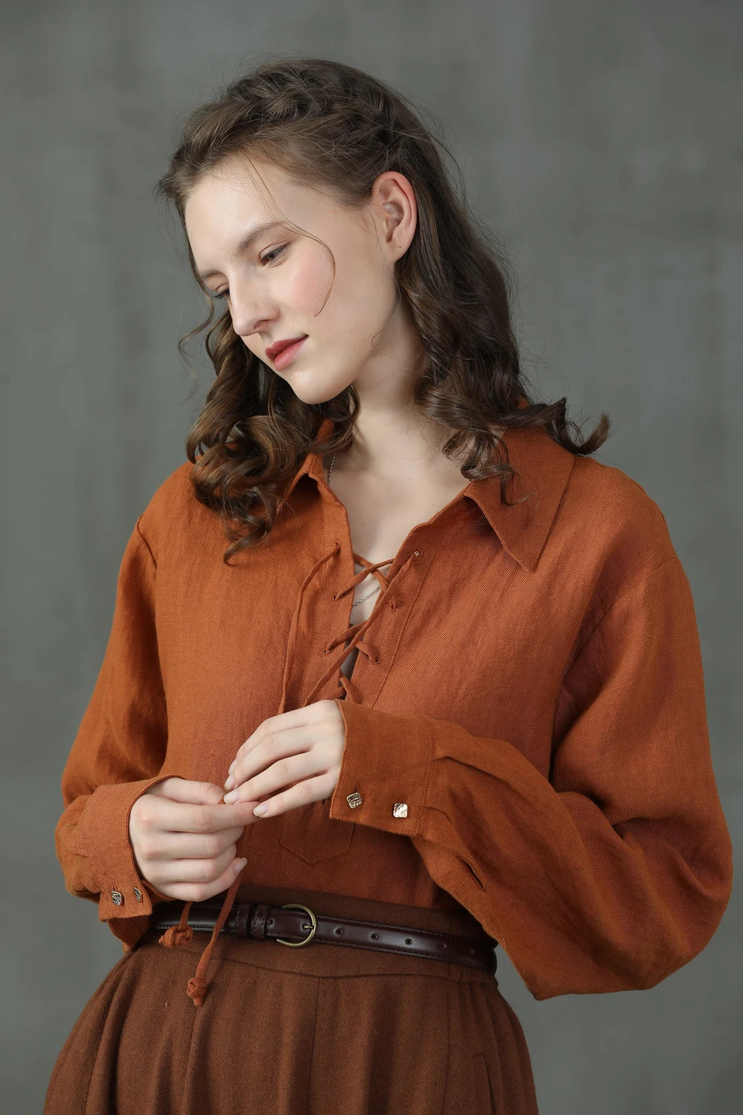 Brown Lace-up Linen Shirt Vintage Linen Shirt V-neck Linen - Etsy | Etsy (US)
