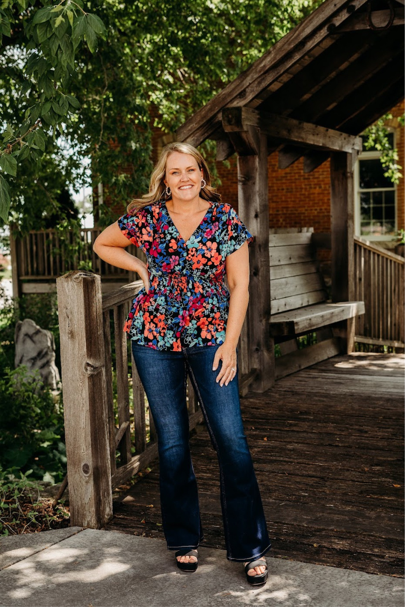 Floral blouse 

Denim jeans  flare jeans  Maurices 

#LTKstyletip #LTKshoecrush #LTKSeasonal