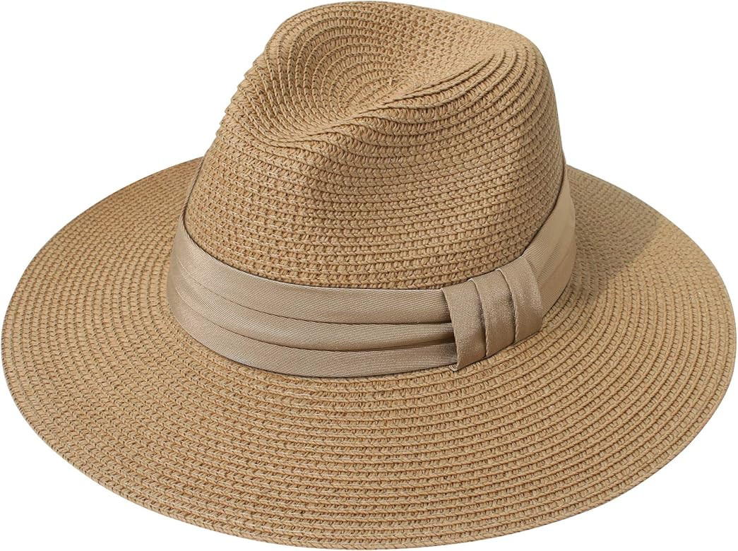 Lanzom Women Wide Brim Straw Panama Roll up Hat Fedora Beach Sun Hat UPF50+ | Amazon (US)