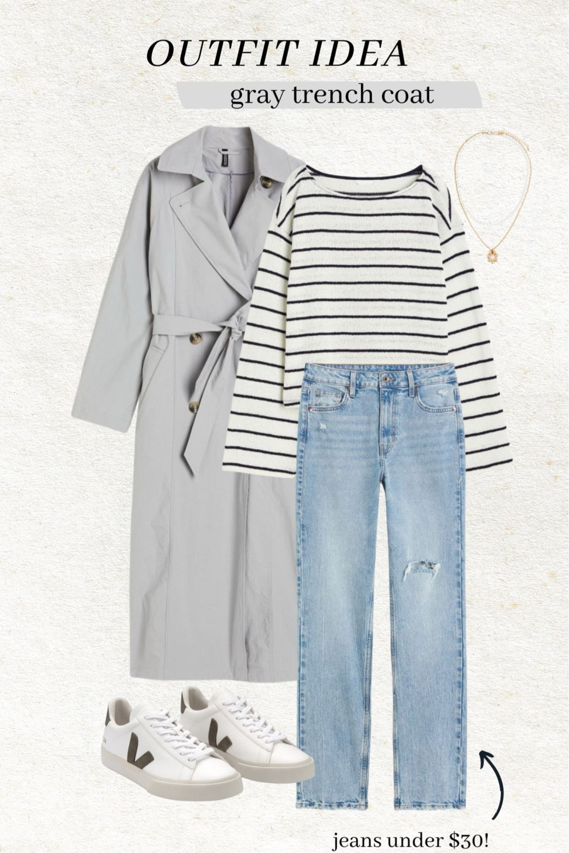 Outfit idea - gray trench coat 🫶🏼

Spring style; spring trench coat; gray coat; straight leg jeans; striped shirt; mom style; casual style; vejas; Christine Andrew 

#LTKstyletip #LTKshoecrush #LTKunder100