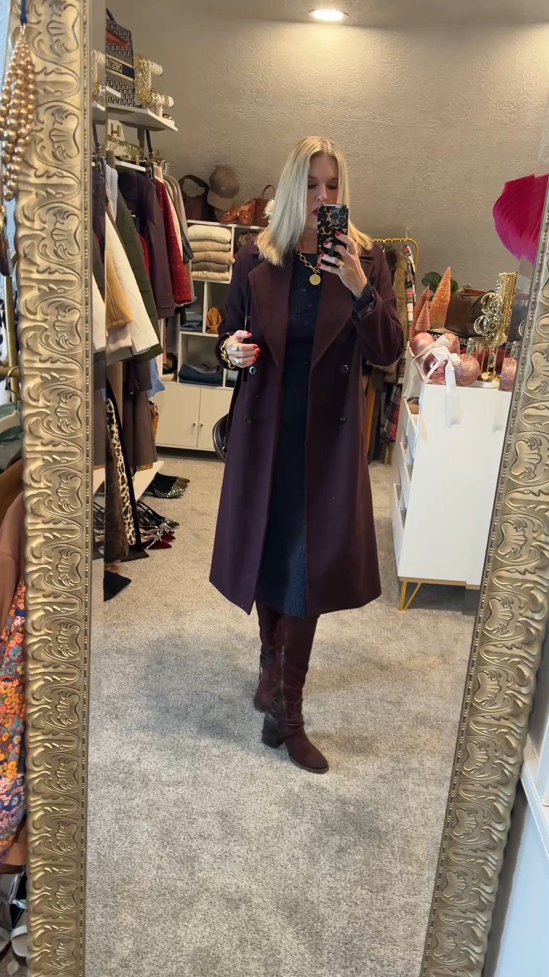 OOTD 
Sunday best and then to see the nutcracker 

Everything is on sale

Sweater dress comes in several colors fits tts in a med 

Wine/burg long coat on sale $44 fits tts and looks and feel lux 

Julie voz jewelry up to 60% off 
Necklace, earrings 2 bracelets and ring 

Free bird suede wine boots  tts 

Leather circle bag Portland leather 

#LTKCyberWeek #LTKootd #LTKSaleAlert