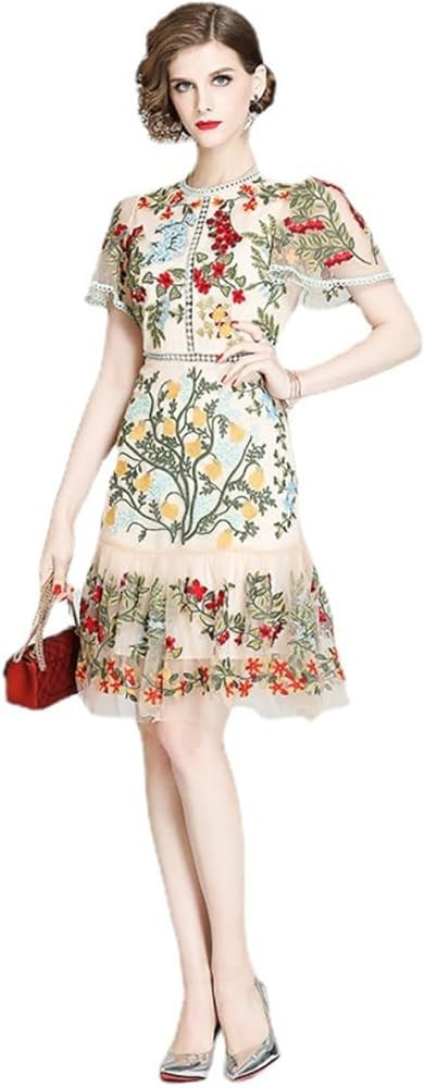 2025 Summer New Women's Lace Dress - Europe Lace, Mesh Embroidered Fanny Pack Buttock Ruffled Dre... | Amazon (US)