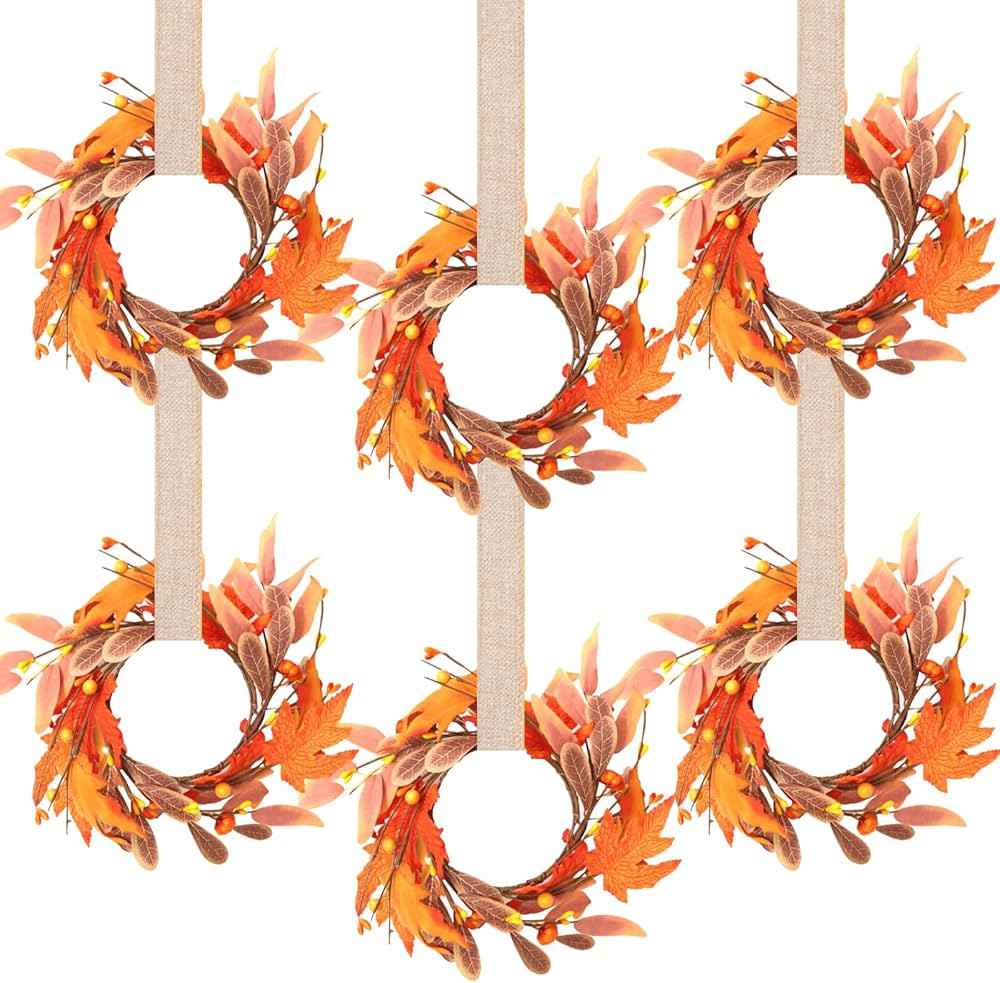 6 Pcs Fall Wreath with Ribbon for Kitchen Cabinet Autumn Candle Rings Wreaths Pillars Candle Wrea... | Amazon (US)