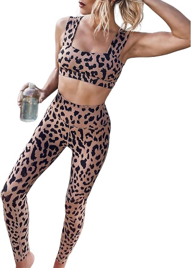 Sidefeel Women Leopard Print Workout Set Outfit High Waist Bike Shorts with Yoga Sport Bra Gym Cl... | Amazon (US)