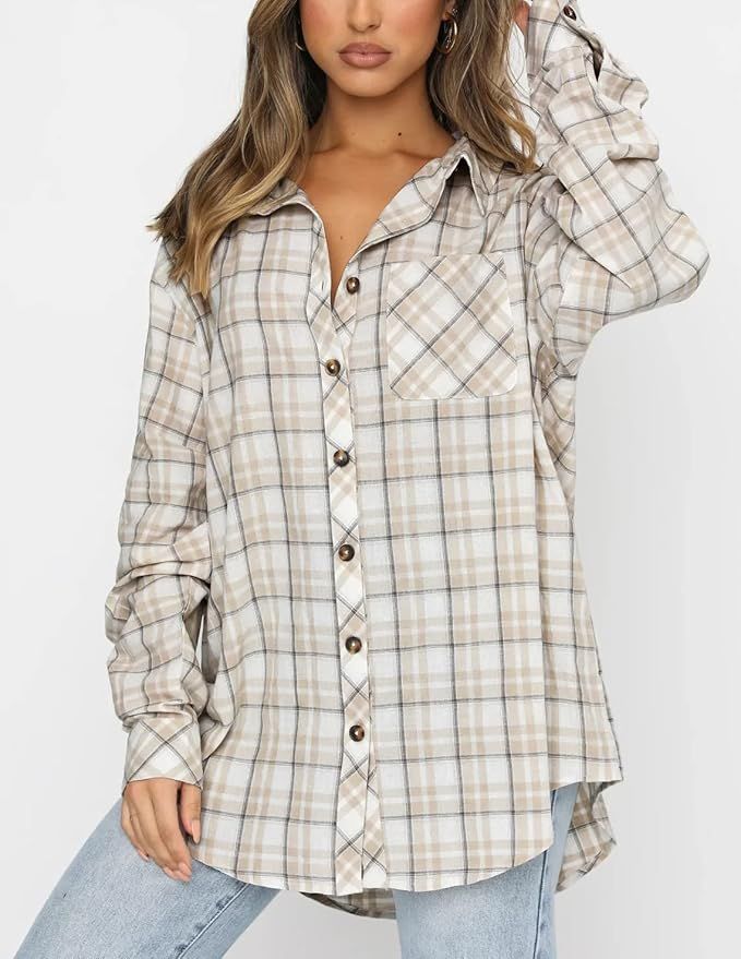 Lacozy Womens Buffalo Plaid Flannel Shirt Long Sleeve Collar Button Down Blouses Tops | Amazon (US)