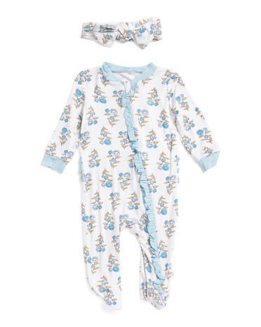 Newborn Girls 2pc Soft Floral Footed Coveralls And Headband Set | TJ Maxx