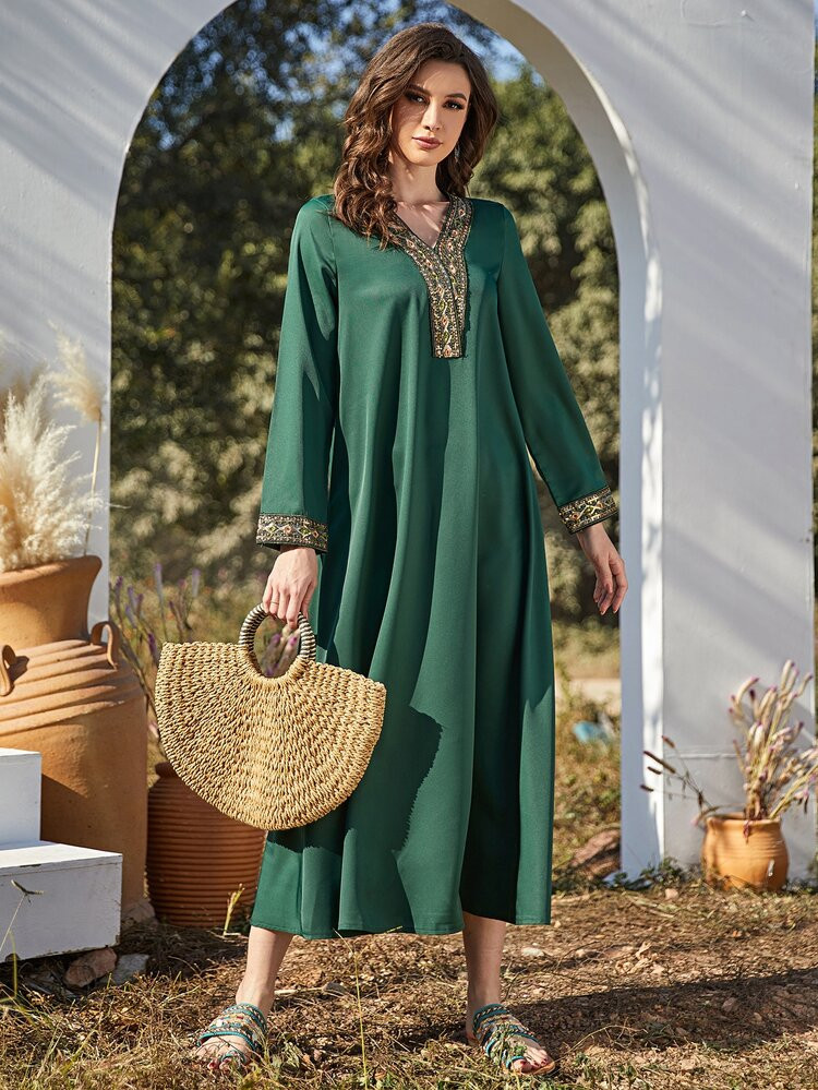 Contrast Argyle Embroidery Tape Kaftan | SHEIN