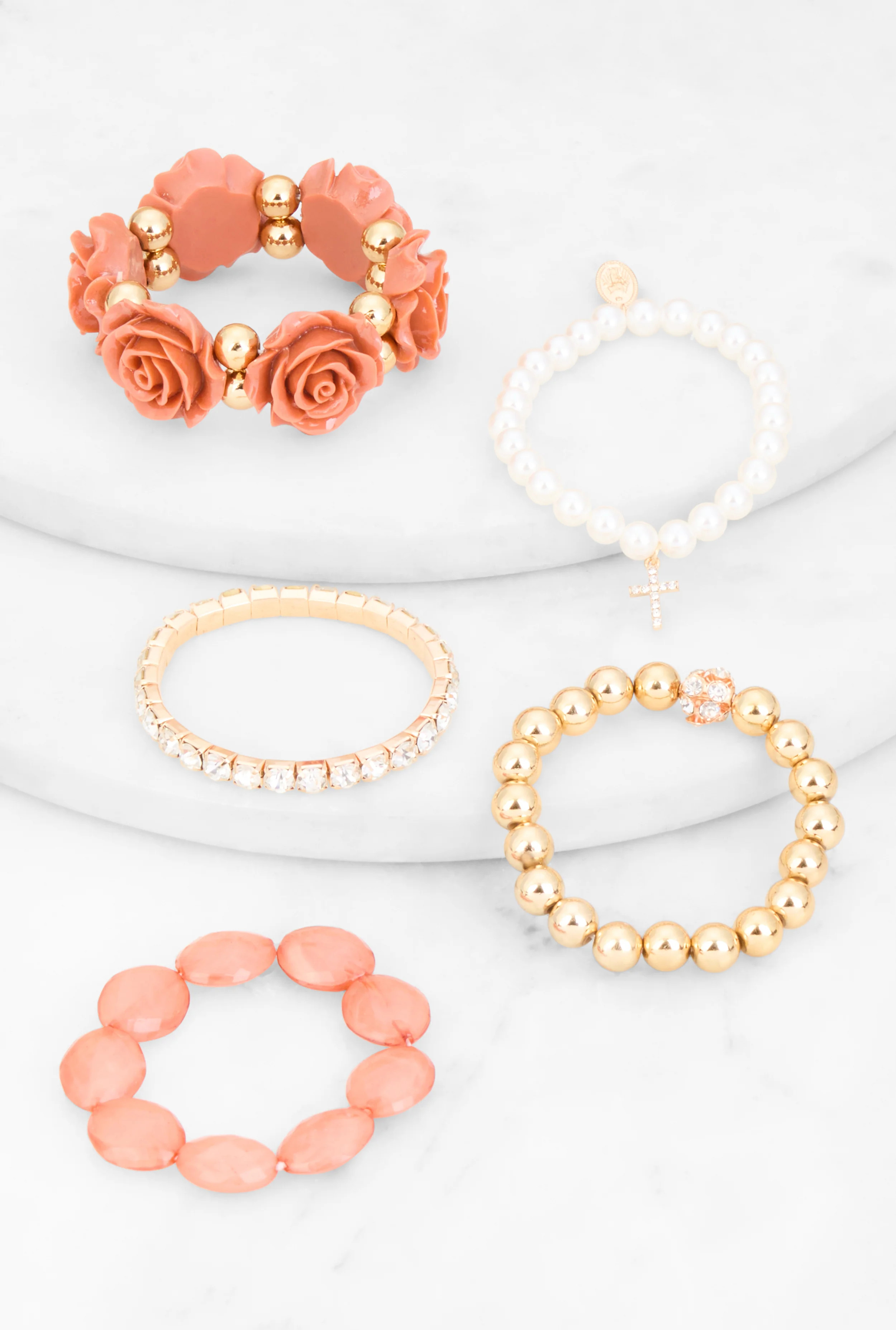 Rose Rhinestone Charm Stretch Bracelet Set of 5 | Rainbow Shops