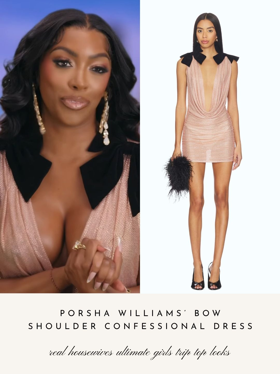 Porsha Williams' Pink Sequin Dress with Black Velvet Bows in Confessionals on Real Housewives Ultimate Girls Trip: Roaring 20's 

 