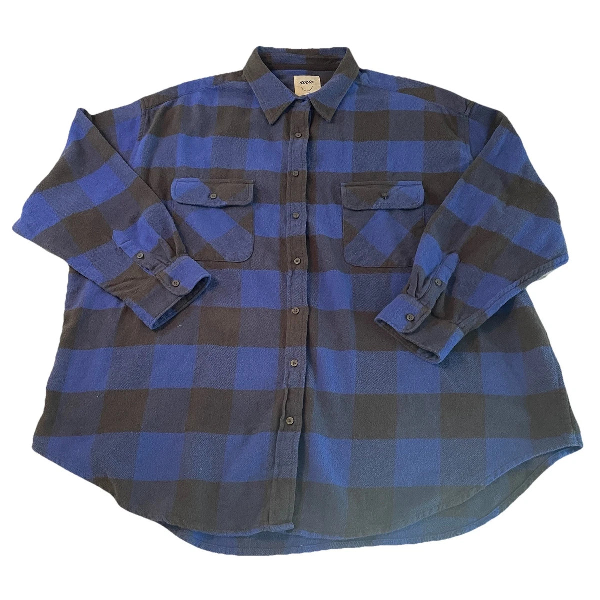 Aerie Women’s XL Blue Gray Buffalo Plaid Flannel Shirt Button Up Long Sleeve NWT | eBay US