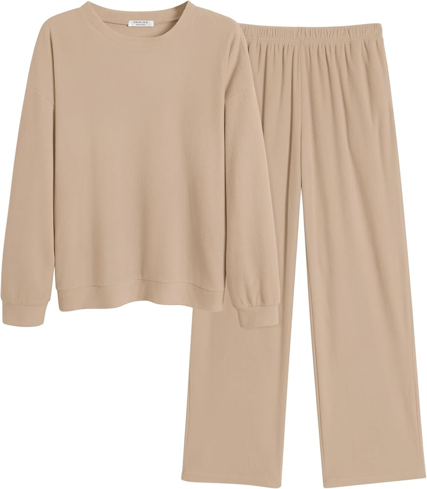 Ekouaer Pajamas for Women 2 Piece Lounge Set Long Sleeve Sleepwear Comfy Fuzzy Pjs Crew Neck Nigh... | Amazon (US)