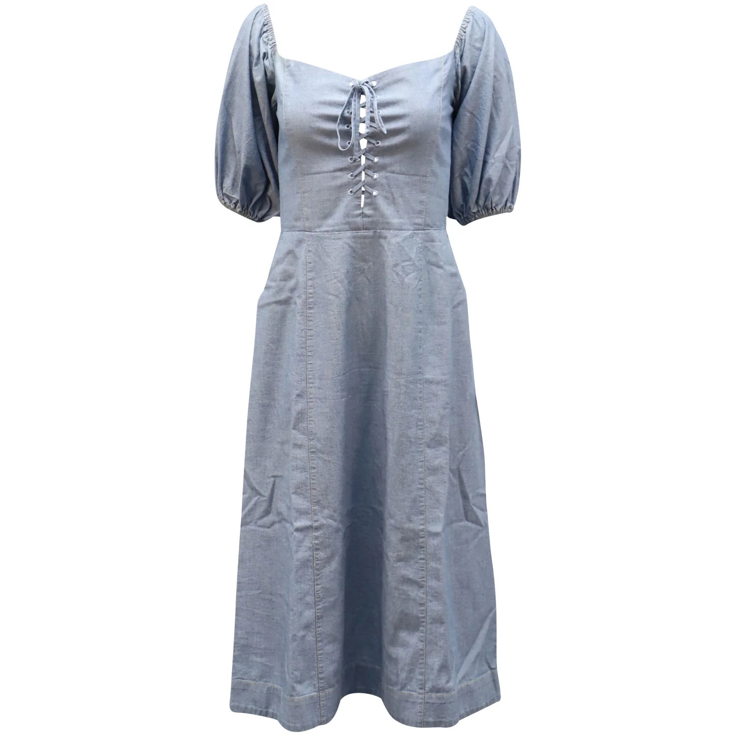Sea New York Puffy Sleeve Shirred Dress in Light Blue Cotton | Shop Simon