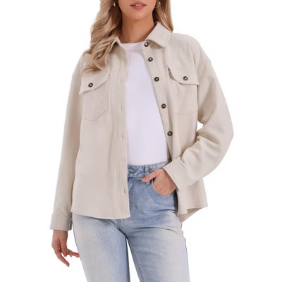 INSPIRE CHIC Women's Faux Suede Turn-Down Collar Long Sleeve Casual Button Down Shirt Jacket X-Small Beige | Target